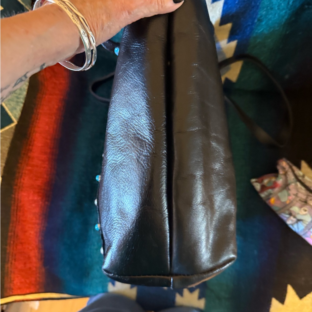Patricia Nash Black Leather Tote Bag with Rhinestone & Turquoise Accents - Picture 5 of 12